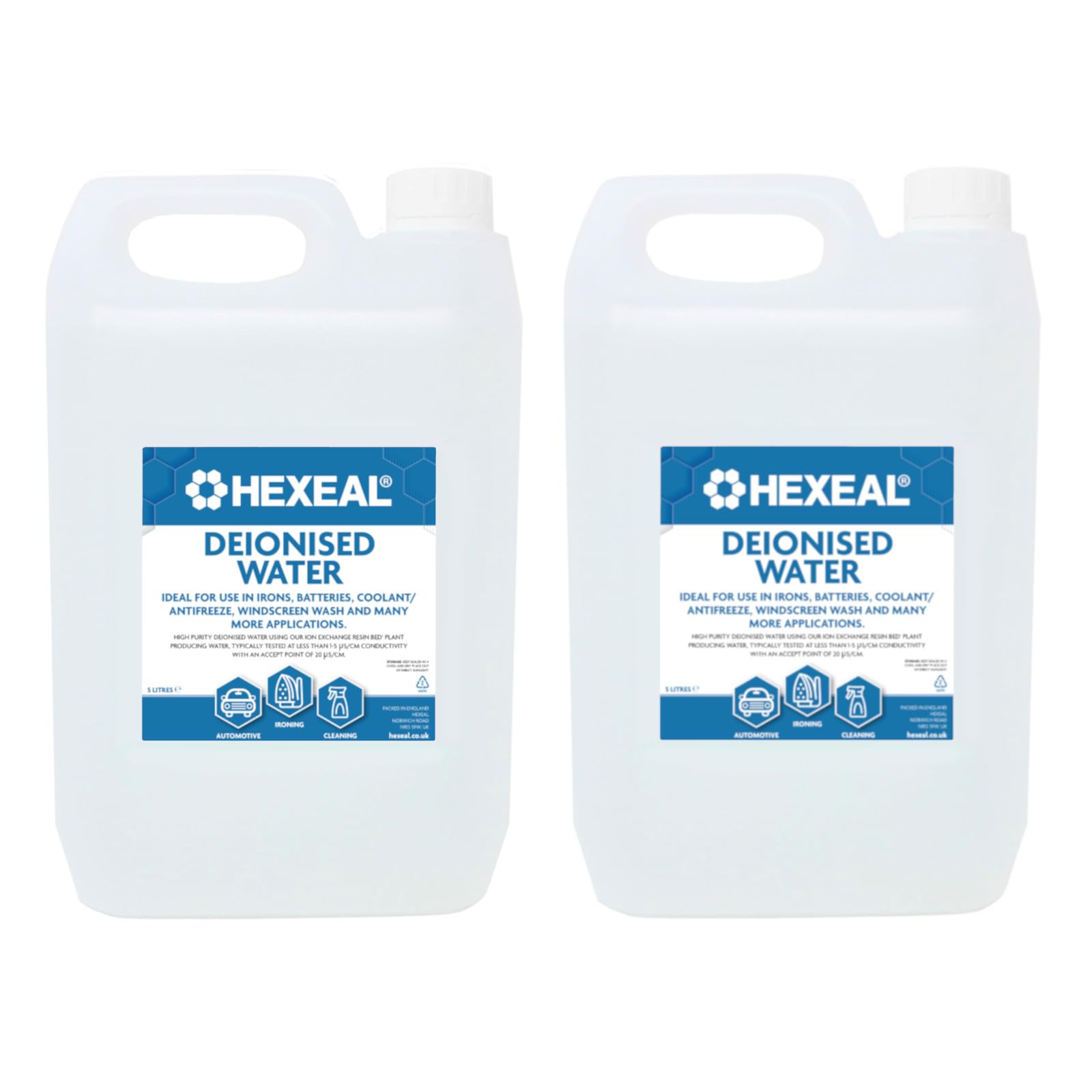 Hexeal Deionised Water 10L – 10L of Deionised Water for Steam Irons, Car Batteries, Windscreen Fluid & Antifreeze – Demineralised Water, Reduces Limescale Deposits & Water Stains – For Lab Use