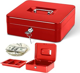 Cash Box, Money Box with Lock, Small Cash Box for Money, Coin, Bills (Red, 9.8 x 7.9 x 3.5Inch)