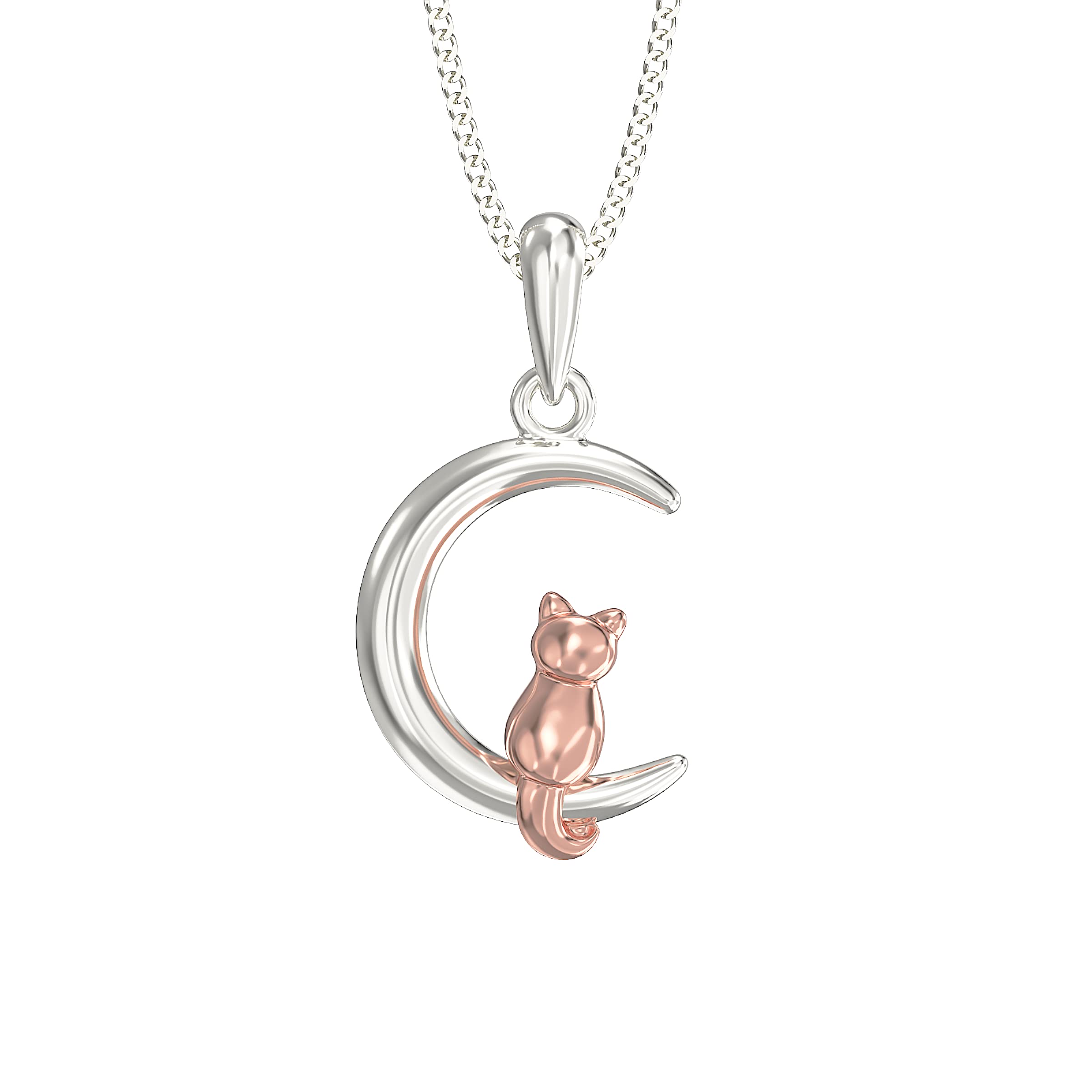 AeonJewellery Cat & Moon Necklace - 925 Sterling Silver & Rose Gold Plated | Adjustable 16-18 Inch Chain | Polishing Cloth & Gift Box