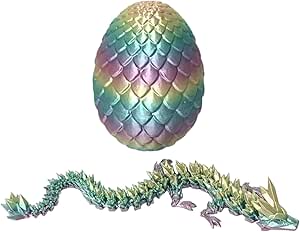 3D Printed Dragon in Egg, 3D Printed Beautiful Flexible Crystal Dragon Figurine Decor, Full Articulated Dragon with Dragon Egg, Home Office Decor Executive Desk Toys (Rainbow)