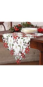 OurWarm Christmas Embroidered Table Runners Poinsettia Holly Leaf Table Linens for Christmas Deco...