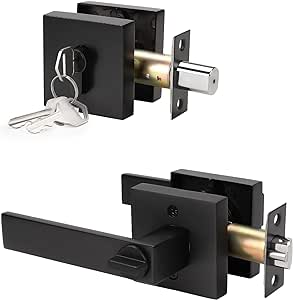 KNOBWELL Heavy Duty Exterior Door Knob with Double Cylinder Deadbolt, Solid Steel Square Entry Door Handle Lever with Deadbolt Set for Front Door or Office, Matte Black Finish,1 Pack