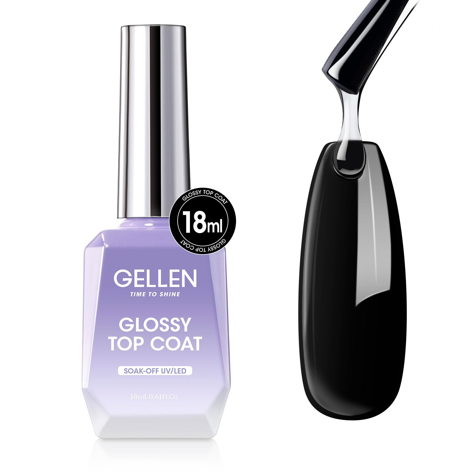 GellenGel Top Coat Nail Polish- 18ml No Wipe Top Coat Gel Polish, High Gloss Shiny Long Lasting Top Gel for Clear Nail Gel and Acrylic Nails, Soak Off Nail Lamp Gel for Home DIY and Nail Salon