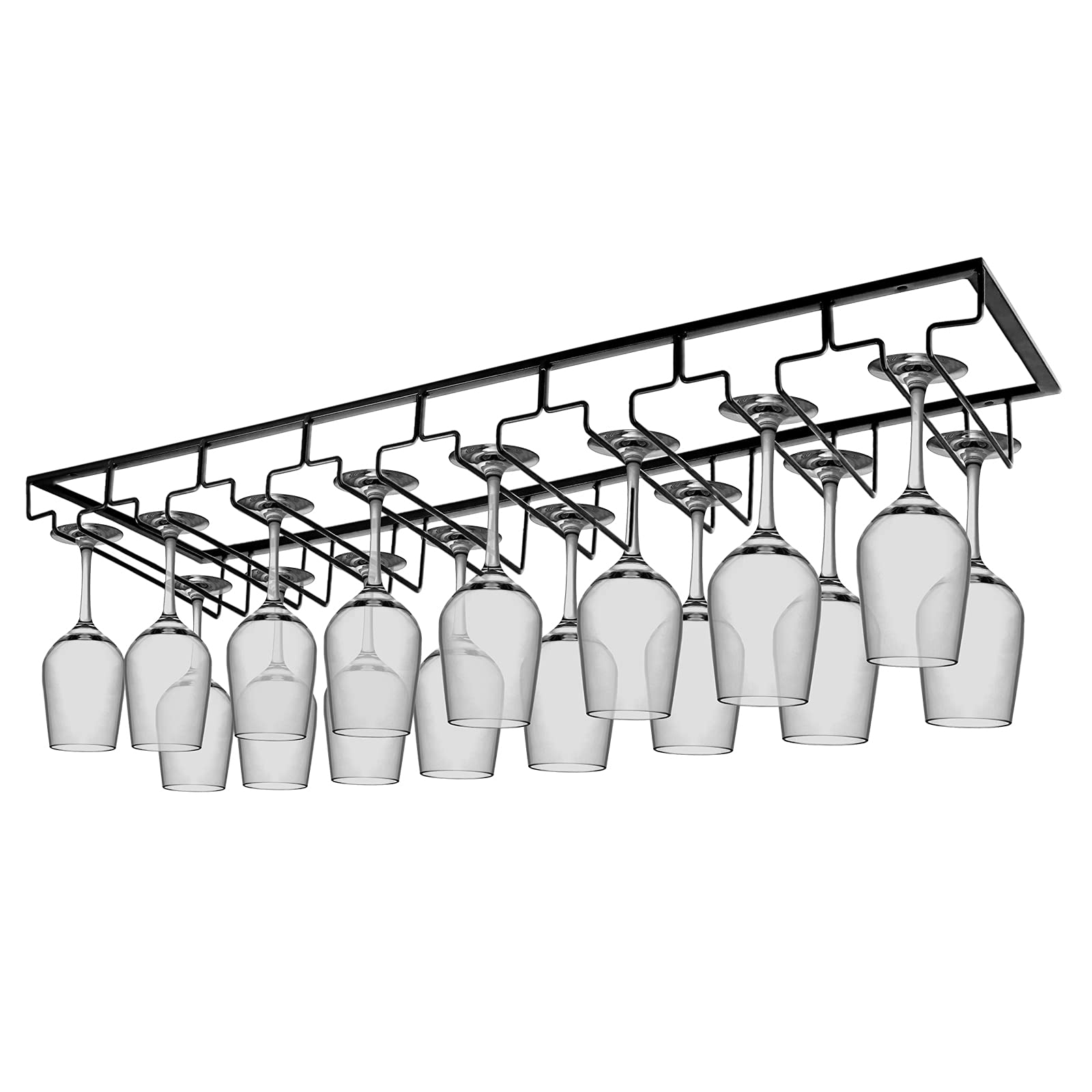 Xverycan Wine Glass Rack Under Cabinet, 8 Row Extreme Large Stemware Hanger, Metal Wine Glass Holder, DIY Bar Glass Storage Rack for Bar Counter, Kitchen, Screws Included (Black)