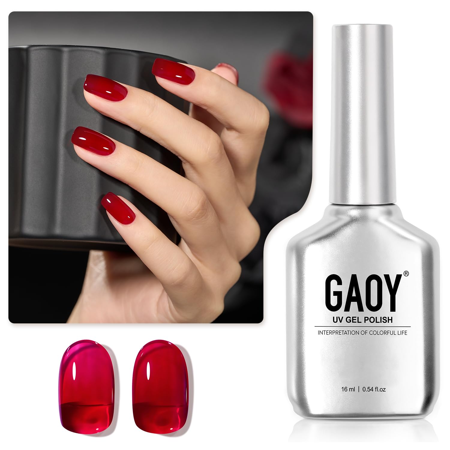 GAOY Sheer Red Gel Nail Polish,16ml Soak Off Jelly Gel Polish, Translucent Color UV Light Cure for Nail Art DIY at Home, 1541 Wine Red