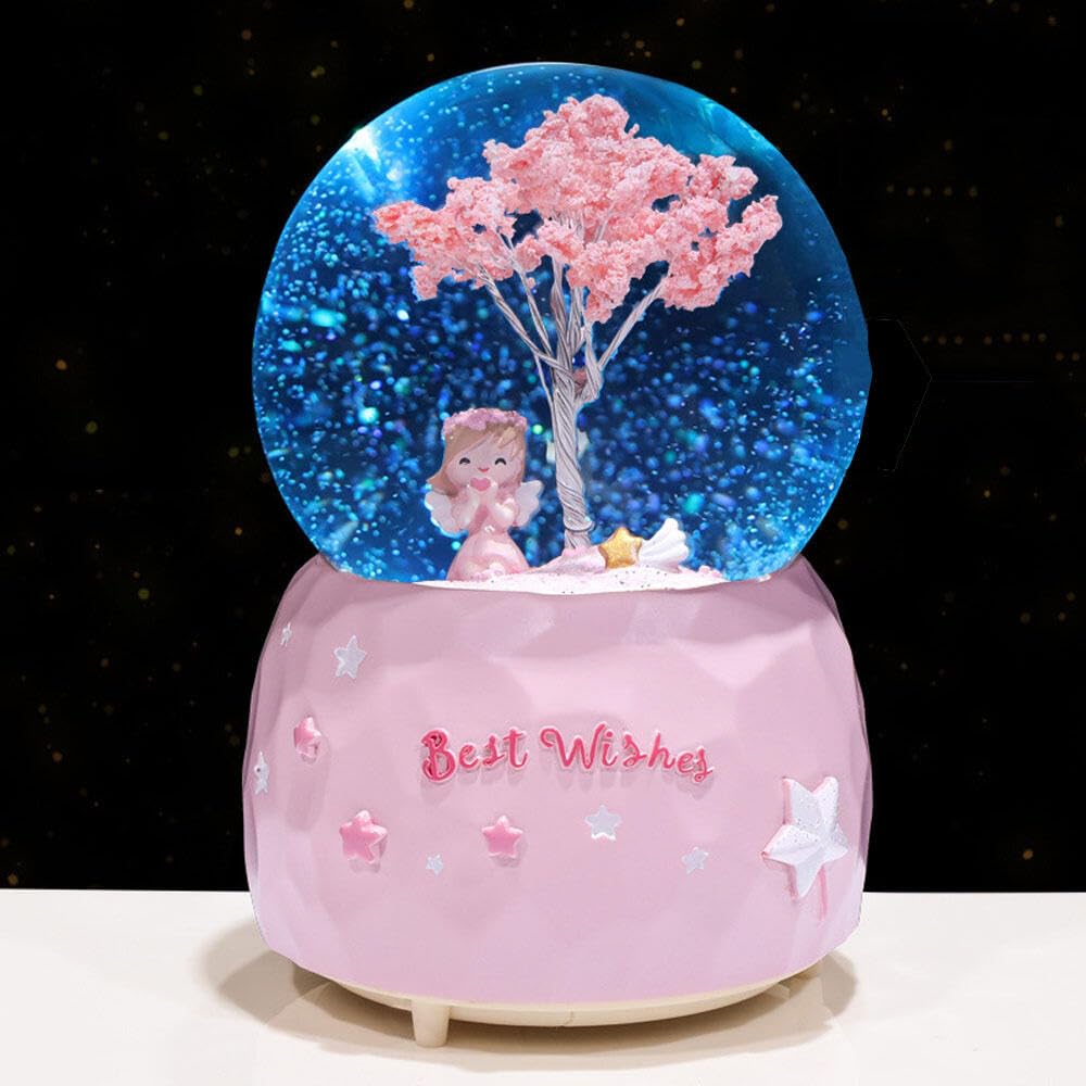 Goodern Luminous Princess Sakura Snow Globes,Cartoon Snowflake Crystal Ball with Color Changing LED Lights Fashion Kids Girls Bedroom Decoration Nightlight Cute Girl Sakura Tree Snow Music Box-A