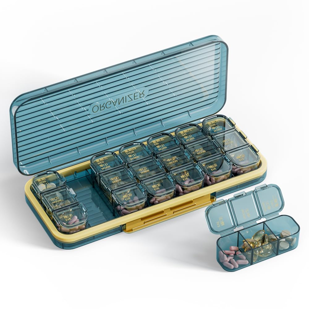 ROWNYEONPill Organizer 3 Times A Day, 7 Day Pill Box 3 Times A Day Weekly Vitamin Box Organizer with 7 Separate Containers, Portable Daily Medicine Planner Case for Vitamin Fish Oil Supplement, Blue