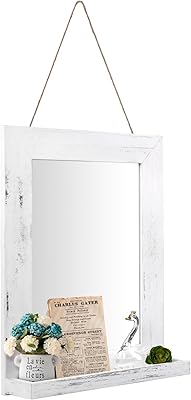 QDSSDECO 16"×20" Wall Mirror with Shelf Farmhouse Decor Rectangular Mirror Hanging for Bathroom, Vanity, Bedroom, Entryway, Living Room,White with Hemp Rope