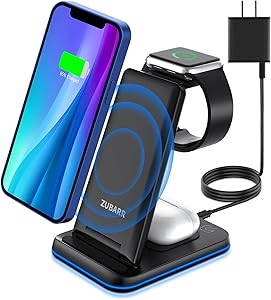 ZUBARR Foldable Wireless Charger, 3 in 1 Wireless Charging Station for iPhone13 12 11/Pro/mini/SE/11 /X/XS/XR/Samsung,Wireless Charging Stand Dock for Apple Watch SE/6/5/4/3/2, AirPods Wireless/Pro