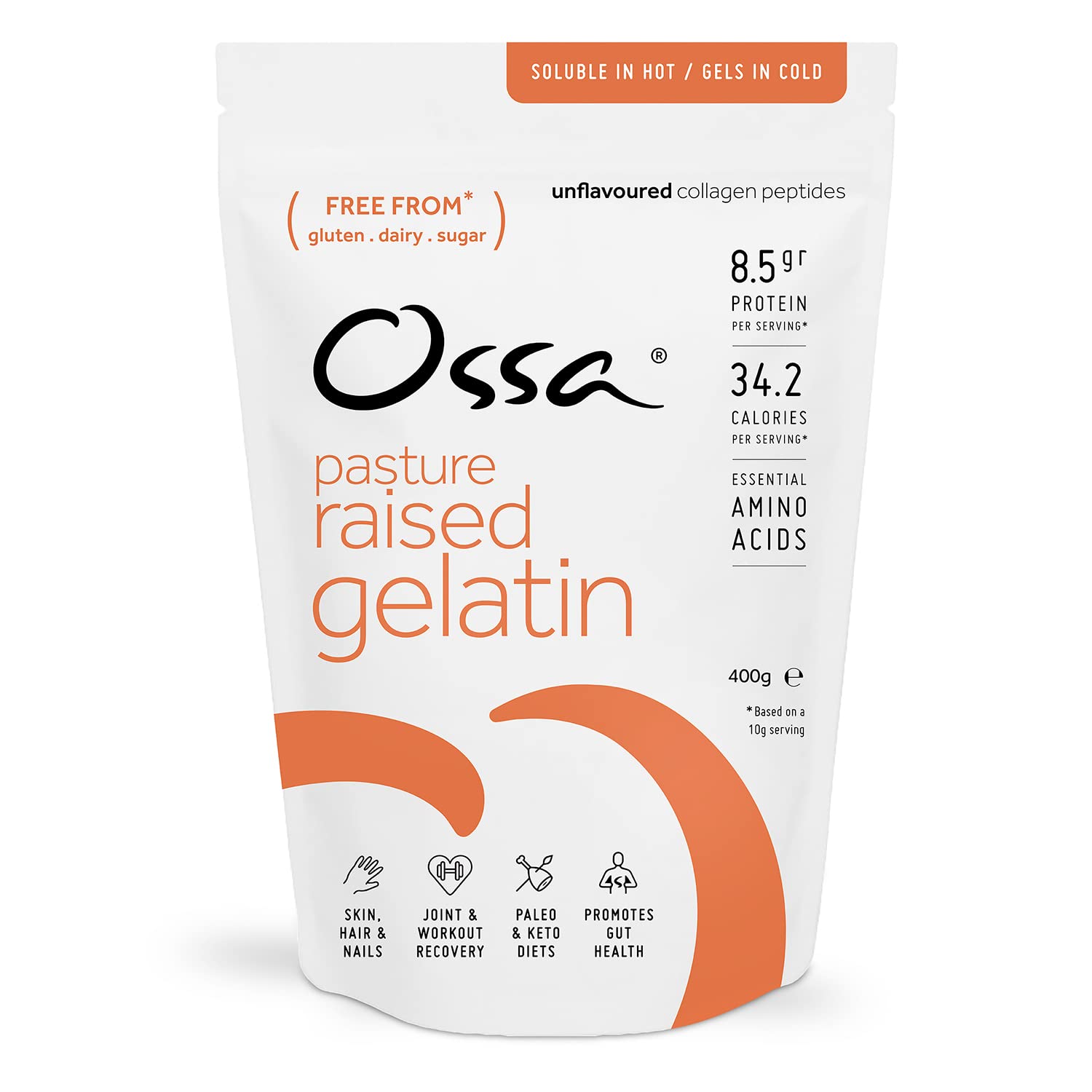 Ossa Pasture Raised Bovine Gelatin 400g Beef Gelatine Powder 100% Natural Keto Paleo Protein Powder with Essential Amino Acids Unflavoured Stabiliser