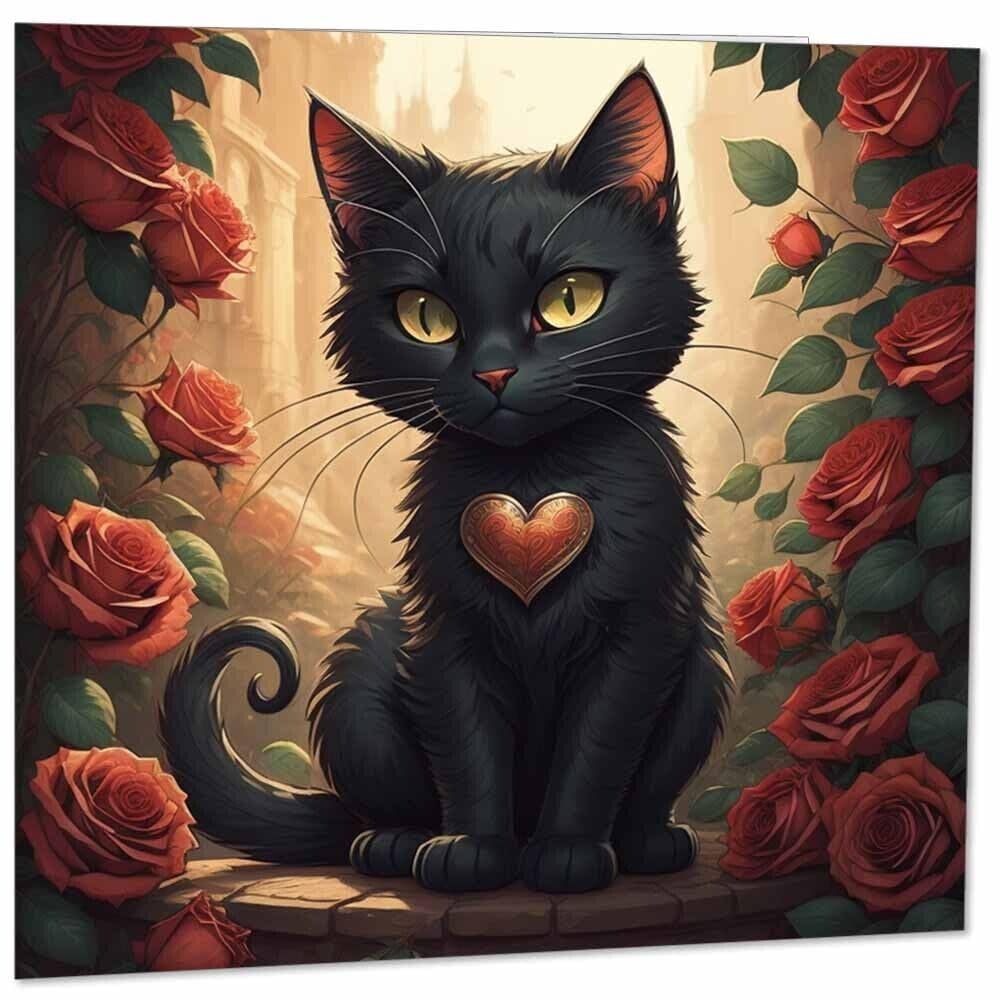 Black Cat Heart Valentines Card Roses Cute cat card 145mm x 145mm