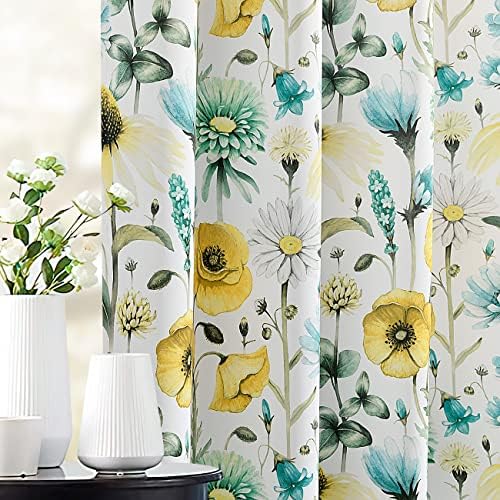 FINECITY Patterned Darkening Curtains for Living Room, Elegant Poppy Floral Printed Curtains 84 Inch Length 2 Panels Set, Light Block Privacy Window Floral Drapes for Bedroom, 52 x 84 Inch, Yellow