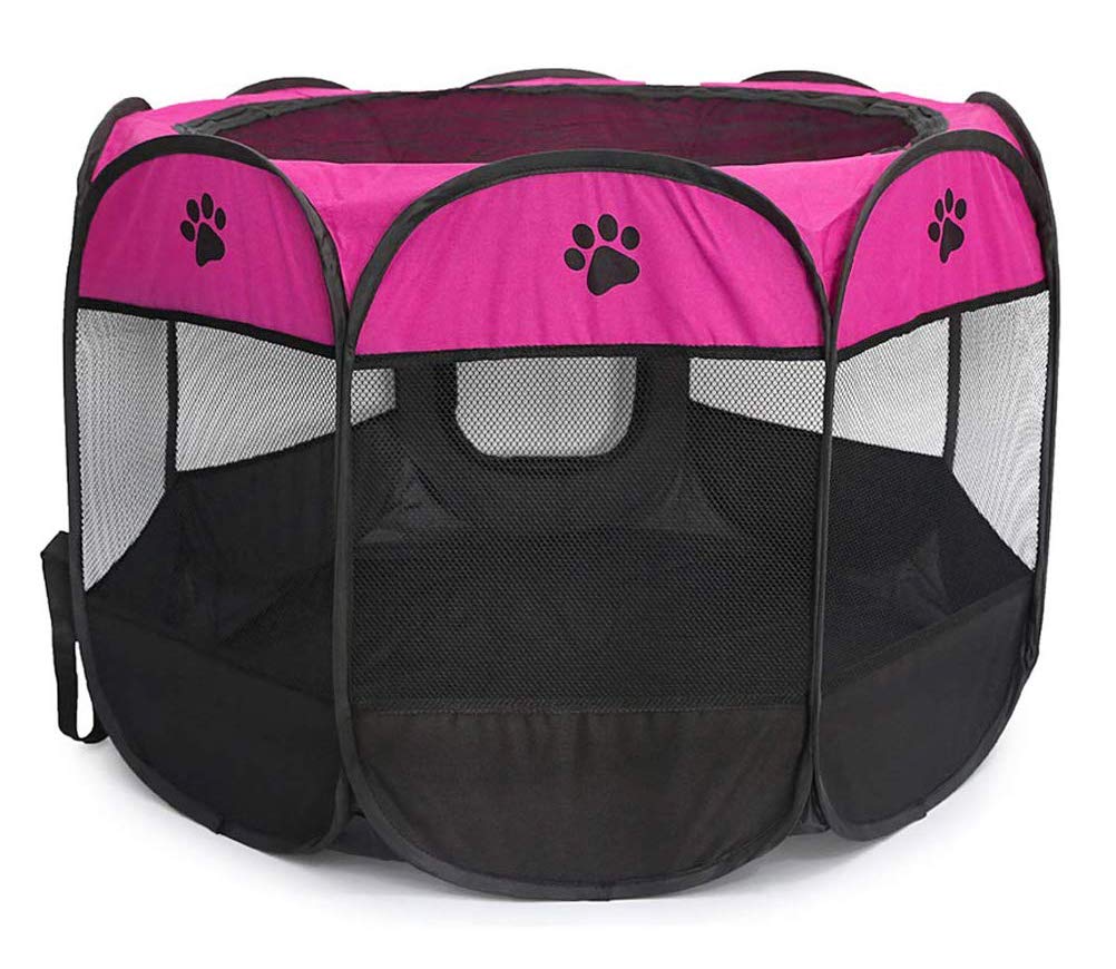 Pet Cat House Dog Tent Kennel Puppy Fence Portable Bed for Rabbit Kitten Animals, Indoor and Outdoor Use, Black & Rose-red,Medium