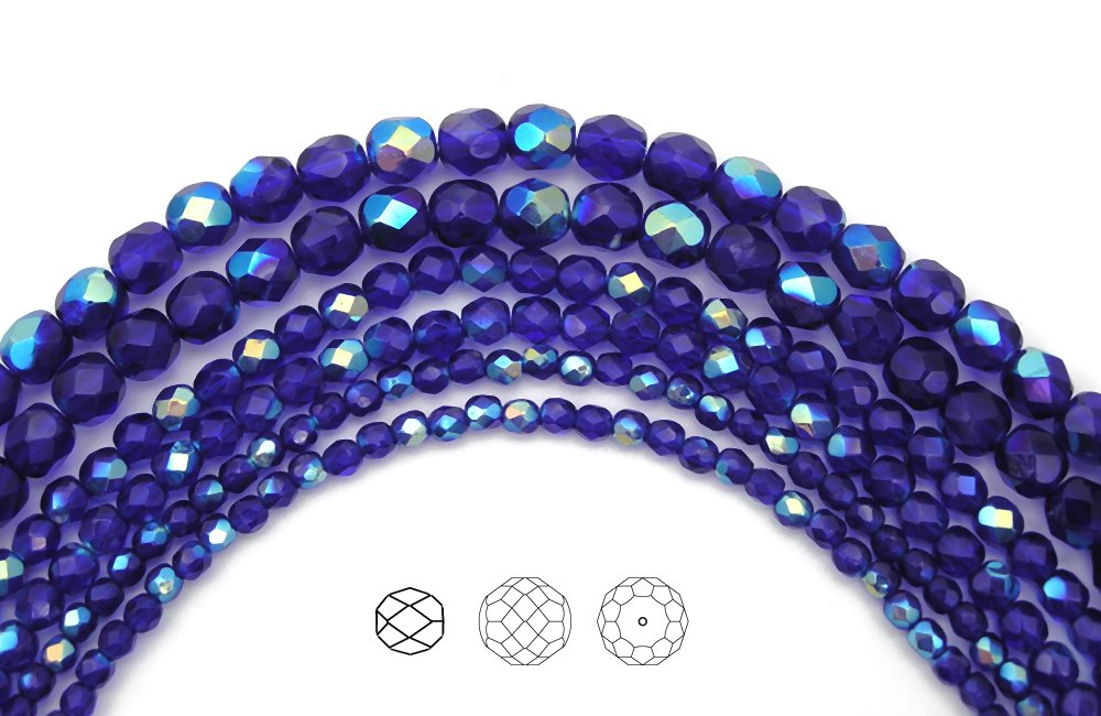 6mm (204) Cobalt Blue AB Coated, 3x16in Strands, Czech Fire Polished Round Faceted Glass Beads