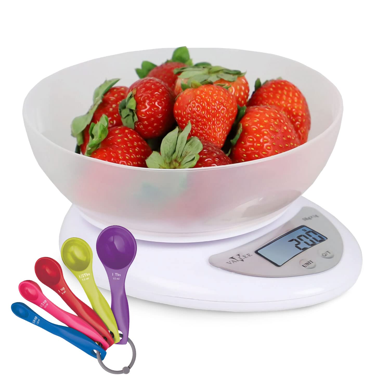 VALLEE Digital Kitchen Scale With LCD Digital Display, Premium ABS Plastic Food Scale Weight Grams and Ounce for Baking Cooking and Meal Prep, 11lb/5kg with 0.1oz/1g Precision - White