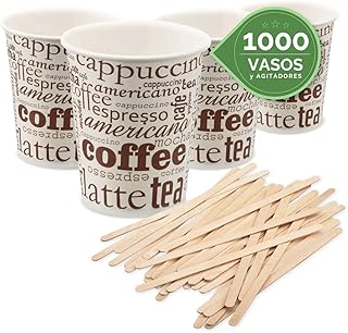 TELEVASO 1000 Vasos Desechables 200 ML Cafe Vasos Carton Desechables con 1000 agitadores Cafe, Vasos ecologicos Reutilizab...