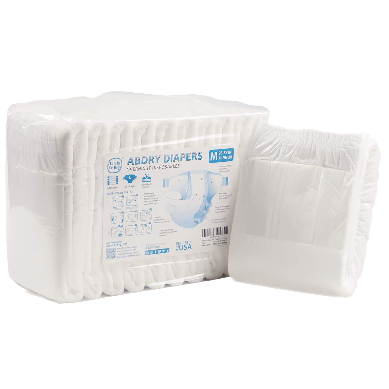 Littleforbig Adult Diaper 10 Pieces - ABDry New White Diapers (Medium 28"-38")