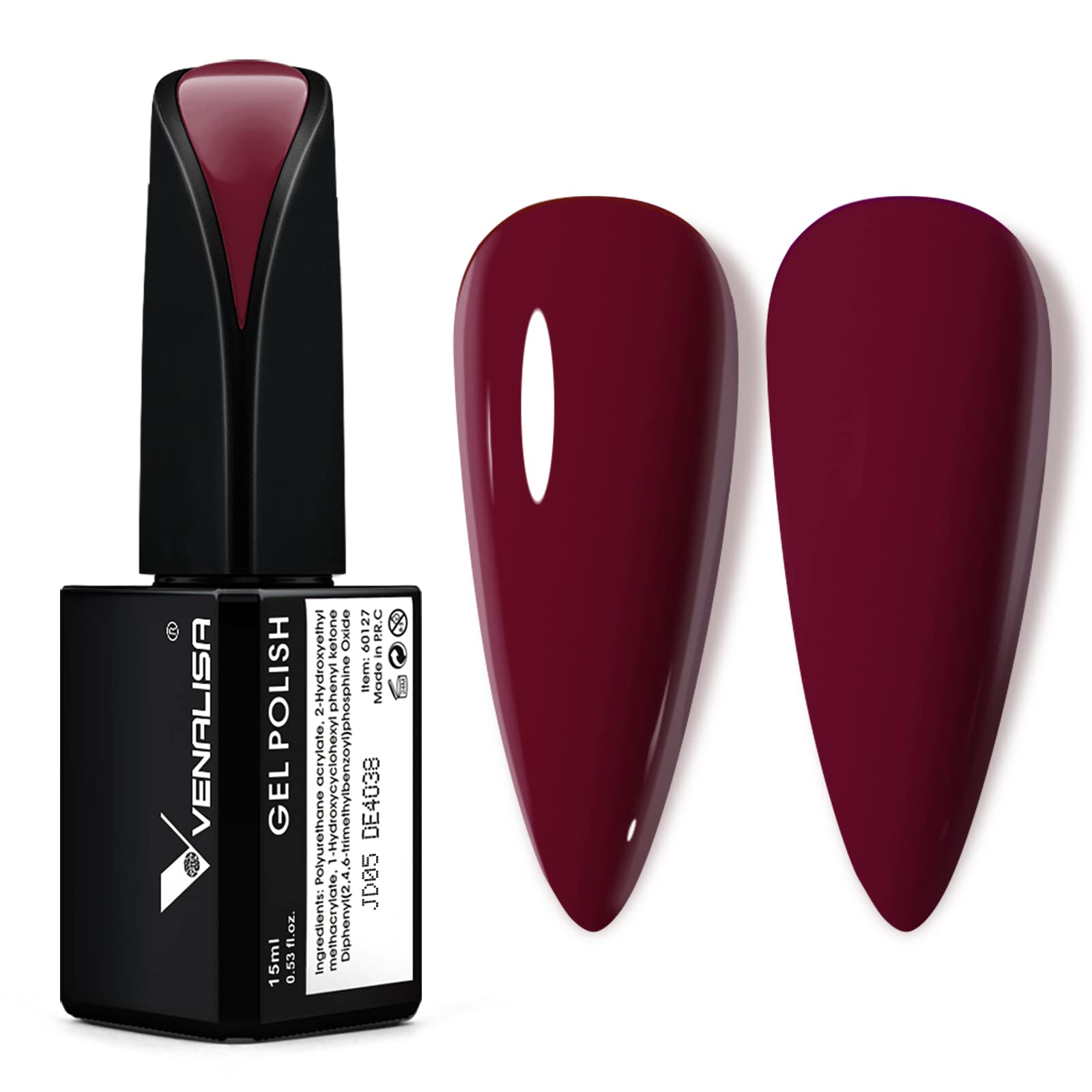 VENALISA 15ml Dark Red Gel Nail Polish, Burgundy Claret-Red Color Soak Off UV LED Nail Gel Polish Nail Art Starter Manicure Salon DIY at Home, 0.53 OZ