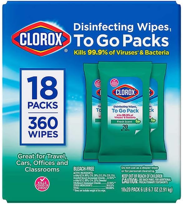 Clorox Disinfecting On The Go Travel Wipes, Fresh Scent, 20 Count, Pack of 18-360 Wipes Total