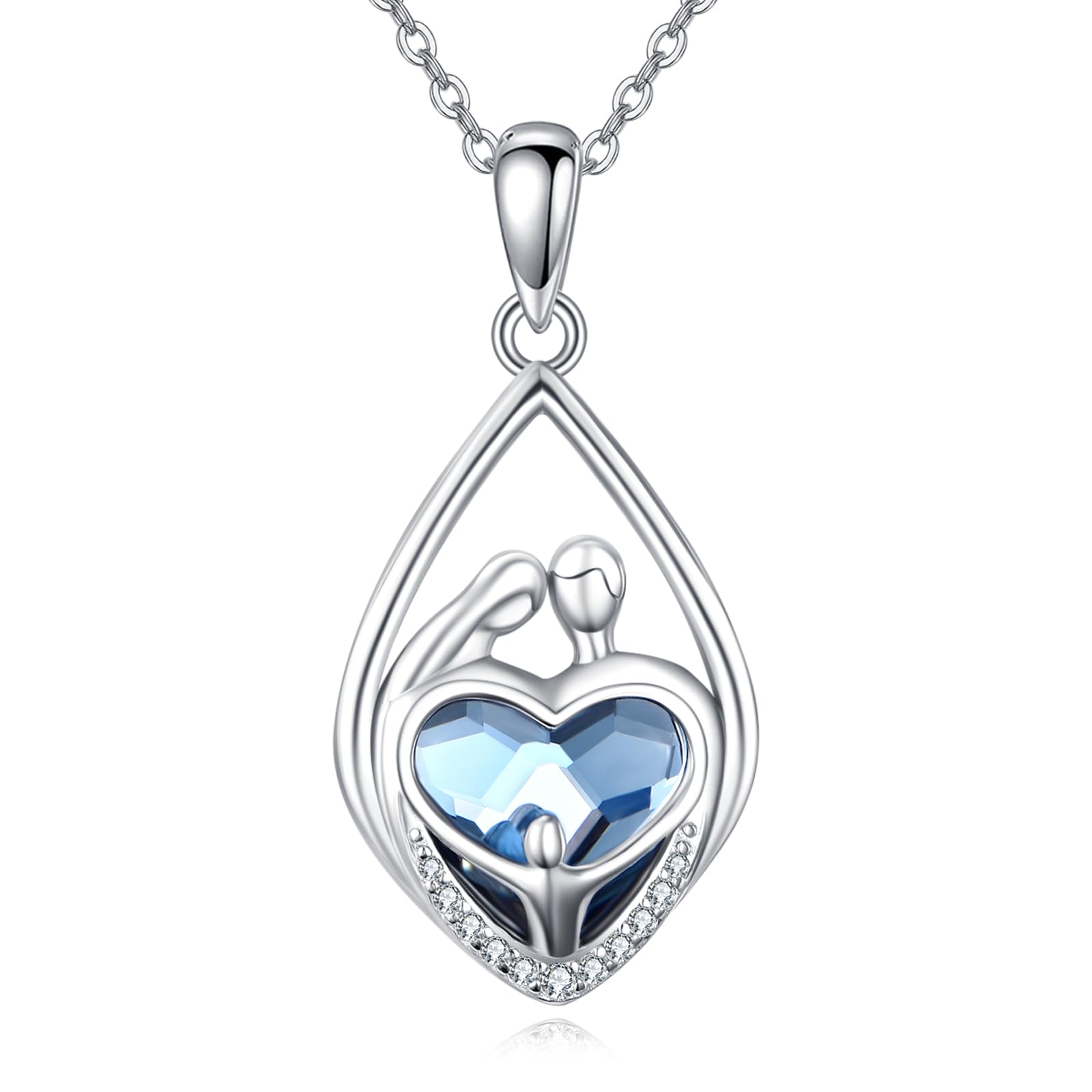 VONALA Family Pendant Necklace 925 Sterling Silver Parent Child Necklace Blue Heart Crystal Jewelry for Women