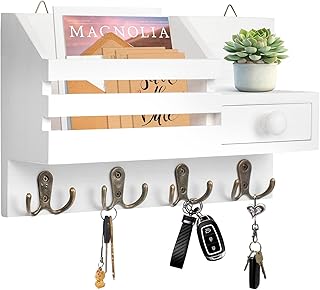 HOMEBROS Key Holder Wall Mount, White Wooden Mail Key Organizer with Drawer Key Mail Holder Adhesive Key Rack with Shelf 8...