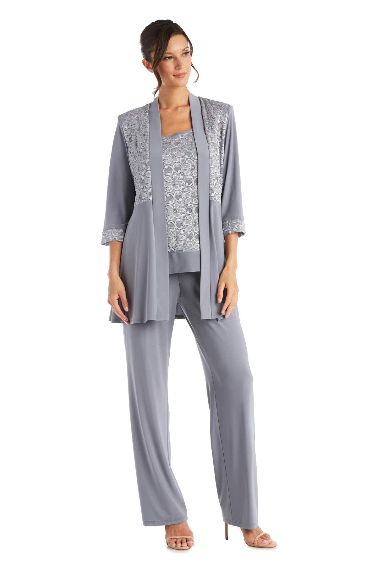 Mother of The Bride Plus Size Pant Suit| 3/4 Length Sleeves, and A Beautiful Blouse with A Lace Neckline