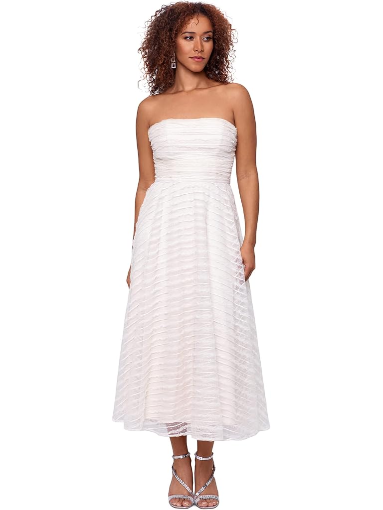 Betsy & Adam Long Strapless Embroidered Mesh Midi Dress