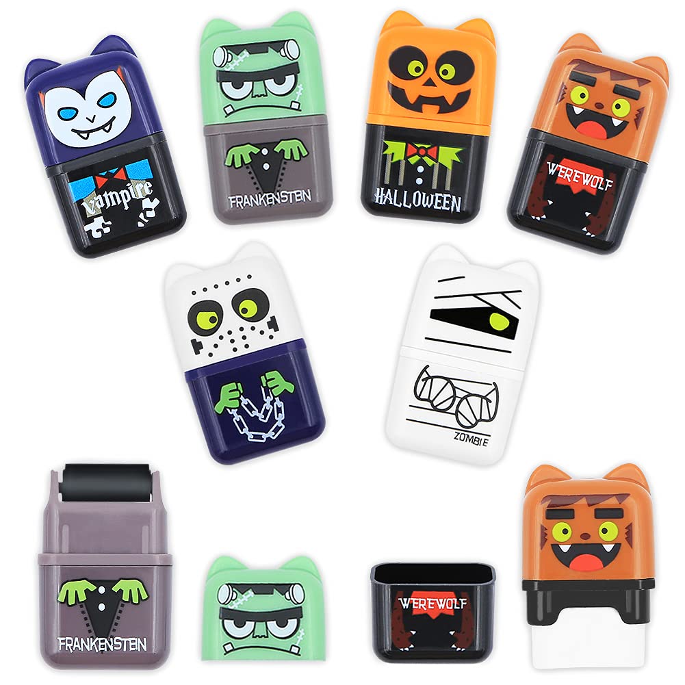 6Pcs Cute Cartoon Eraser, Colorful Roller Rubber, Halloween Themed Erasers, Kids Eraser with Shaving Roller Case for School Office Supply Stationery