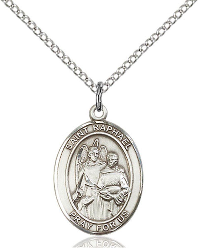 F A DumontSterling Silver St. Raphael the Archangel Pendant with 18" Stainless Steel Lite Curb Chain. Patron Saint of Blind/Love/Safe Journey