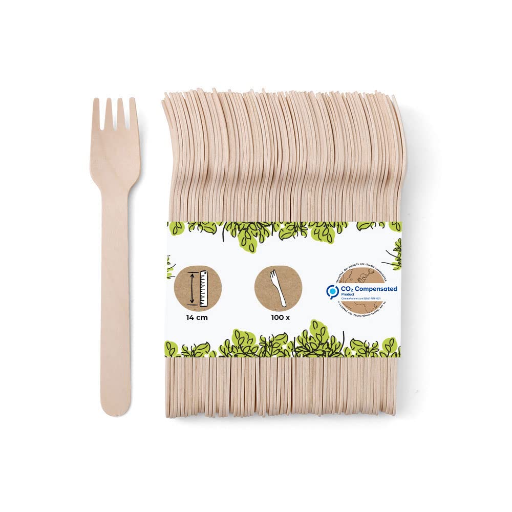 GREENBOX100 Wooden Cake Forks I Disposable Cutlery Party Cutlery Wooden Cutlery Disposable Tableware Biodegradable Compostable Wooden Forks I Sturdy Disposable Cutlery Forks 14 cm