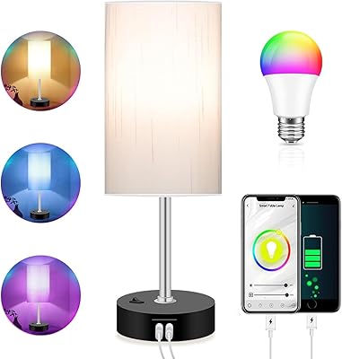 Bedroom Lamp with Smart RGB LED Bulb, Multicolor Changing Table Lamp for Bedroom with 2 USB Port, Dimmable Bedside Lamp Work with Alexa, Smart Nightstand Light for Living Room Sync with Music(2.4GHz)