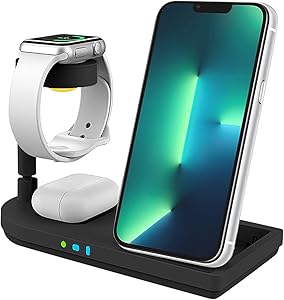 Wireless Charger Stand 4 in 1 Fast Charging Station for Apple Watch SE/6/5/4/3/2/1, AirPods Pro, Compatible with iPhone 13/13 Pro/13 Mini/13 Pro Max/12/11/SE/X/8/8 Plus/Samsung Galaxy S21/S20/Note 10