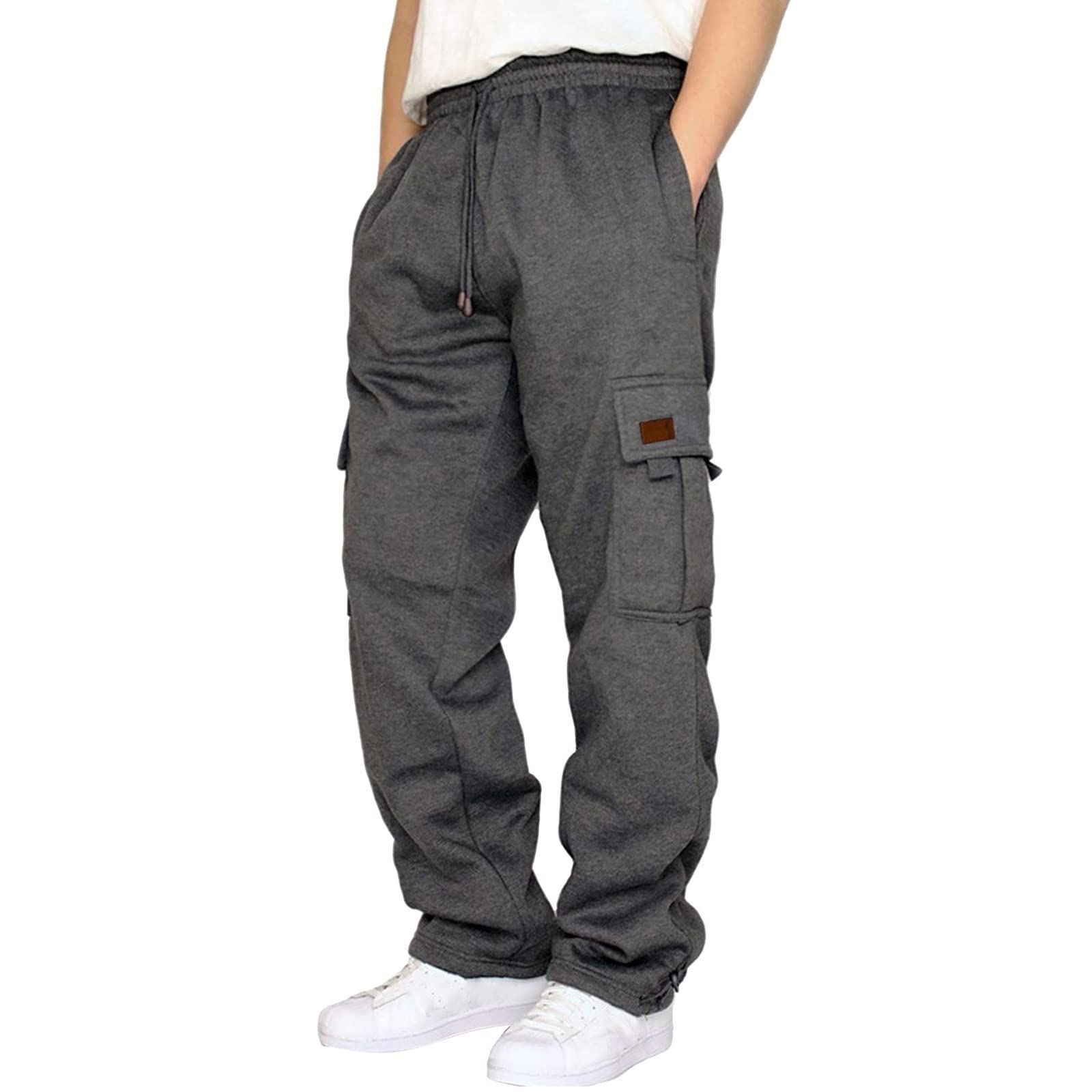 GenericMen's Heavyweight Fleece Cargo Sweatpants Baggy Sweat Pants with Pockets Elastic Waist Drawstring Joggers Trousers