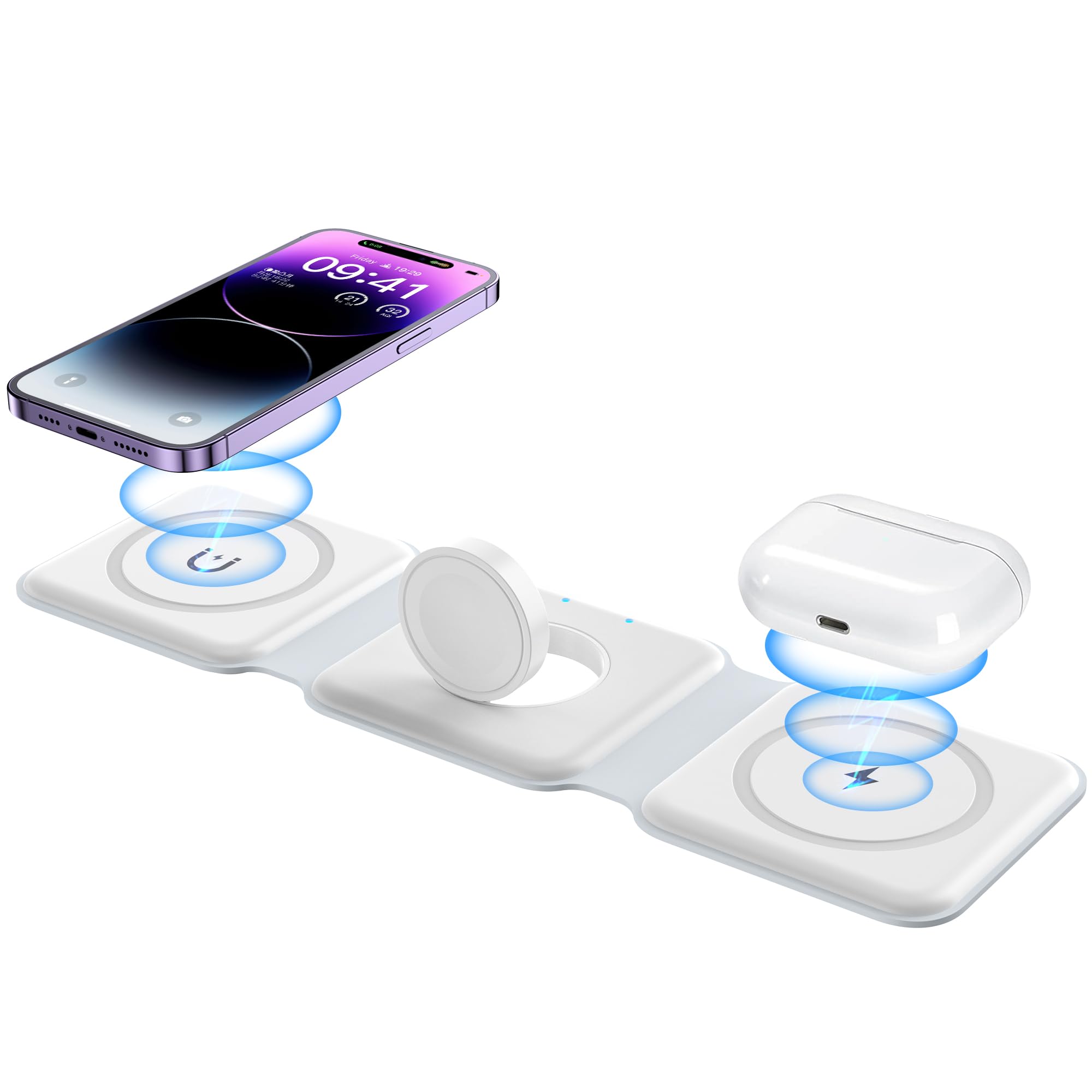 Wireless Charger 3 in 1, Magnetic Foldable Wireless Charging Station for iPhone 13/12/11 Pro Max/X/Xs Max/8/8 Plus, AirPods 3/2/pro, iWatch Series 7/6/5/SE/4/3/2, and Samsung Phones(White), USB