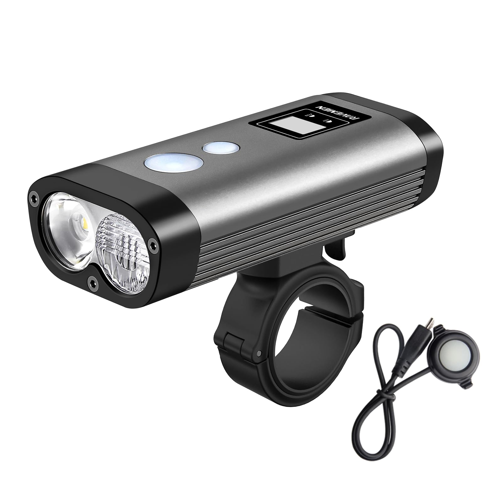 RAVEMEN PR1400 Bike Light with Anti-Glare Beam, 1400 Lumens 5200mAh Front Headlight with Wired Remote, USB C Output, LED Display, IPX8 Waterproof for Mountain Biking, Road Cycling, Commuter