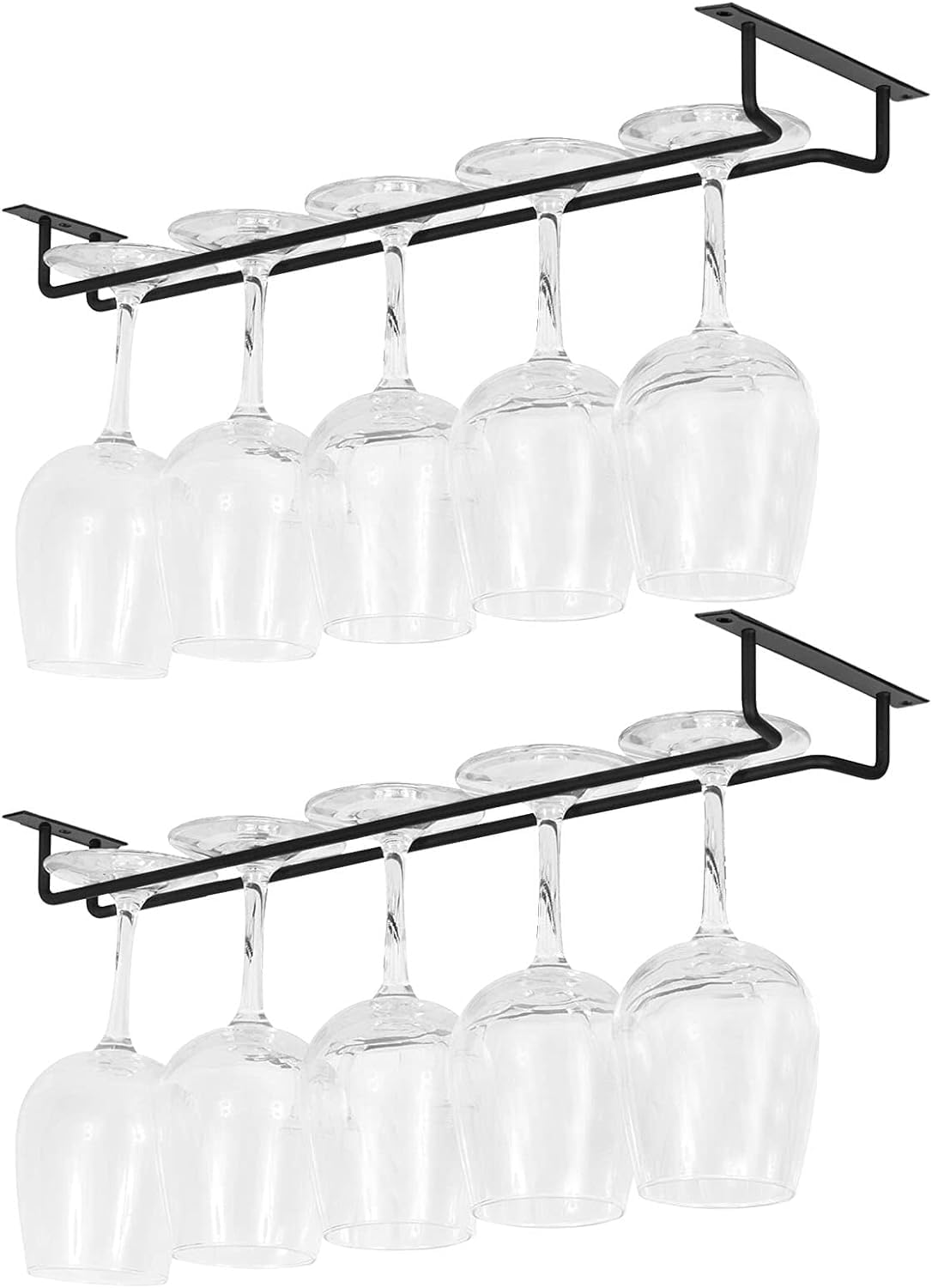 17 Inch Wine Glass Holder Under Cabinet, Long Single Rail Wine Glass Rack Metal Wine Glass Storage Holder with Screws Wine Glass Hanger for RV Cabinet Kitchen Bar (Black, 2Pack)