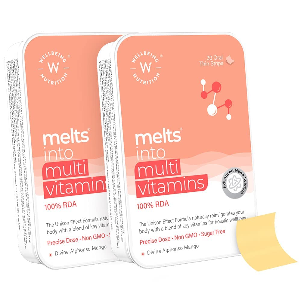 Wellbeing Nutrition Melts Plant Based Multivitamin for Men & Women for Increased Energy & Immunity | 100% RDA of Vitamin A, Vitamin B-Complex, Vitamin C, D3 K2, Ashwagandha & Ginseng (60 Oral Strips)