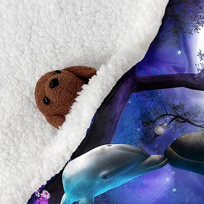 SXCHEN Sherpa Fleece Blanket Throw for Couch Bed Warm Soft Comfy Heavy Thick Fluffy Blankets for Winter Throws with Blue Whale 2 Dolphins Late Night Forest Tree Flowers,60 x 80 inches