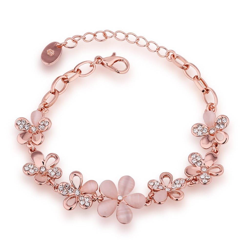 MooSumsproungRose Gold Plated Flower Charm Bracelet for Women Five Leaf Clover Bracelet Pink Rose Gold Bracelet for Girl Women Girlfriend