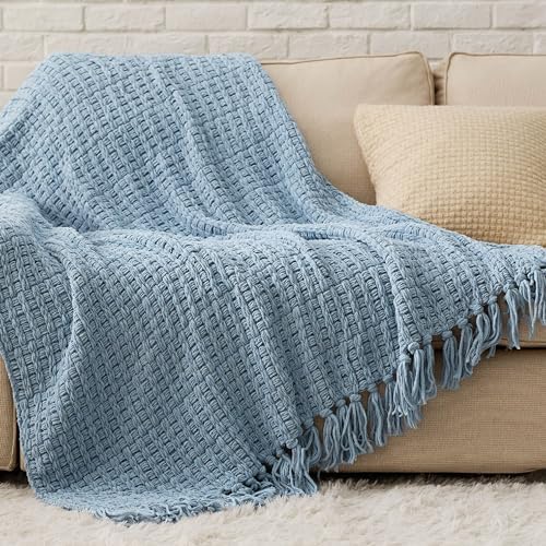 Bedsure Blue Throw Blanket for Couch – Versatile Knit Woven Chenille Blanket for Chair, Super Soft, Warm & Decorative Blanket with Tassels for Bed, Sofa and Living Room (Blue, 50 x 60 inches)