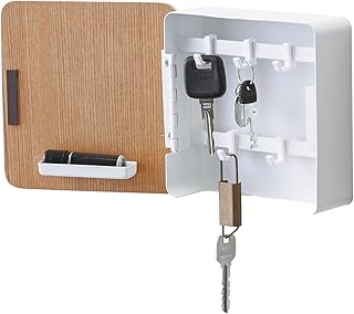 Yamazaki Home Rin Square Magnetic Key Cabinet - Wood Accented Keychain Organizer - Steel + Wood