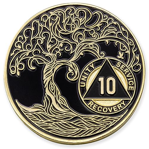 10 Year Sobriety Mint Twisted Tree of Life Gold Plated AA Recovery Medallion/Chip/Token - Black