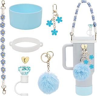 House of Quirk Stanley Cup 7 Accessories Set Including Water Bottle Handle Strap, Siliocne Stanley Cup Boot, Siliocne Straw Cover, Stanley Charms for Stanley Cup 40oz & 30oz Tumbler (Blue)