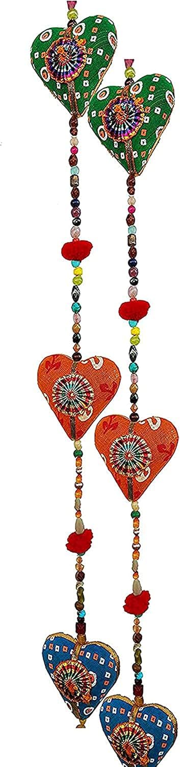 Rastogi Handicrtafts Door Hanging Decorative Cotton Heart in Vibrant Color Stringed with Beads and Bell Traditional Indian Hanging Decoration 2 Layer