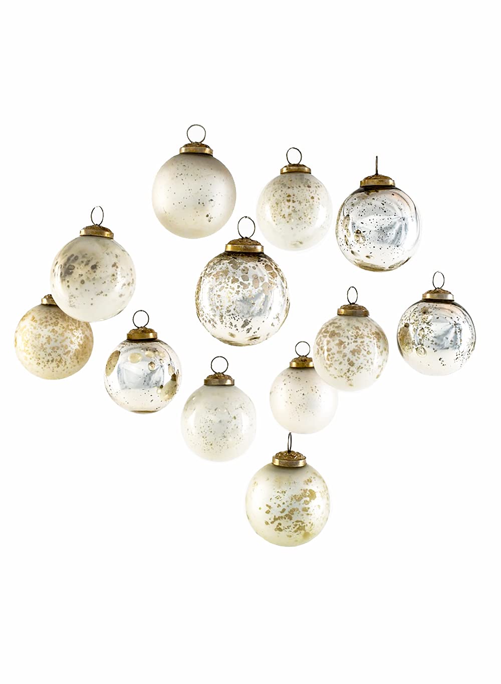 Serene Spaces Living 12pcs Vintage Style White & Silver Mercury Glass Ornament Set for Christmas Tree, Christmas Decorations, Winter Wedding, Table Centerpiece, 2.5" Diameter