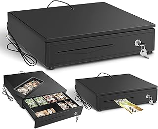 PERCEA Cash Drawer, 13" Electronic POS Drawer with 4 Bill Compartments & 3 Coin Slots, Spring-Loaded Clamp System, RJ11 In...