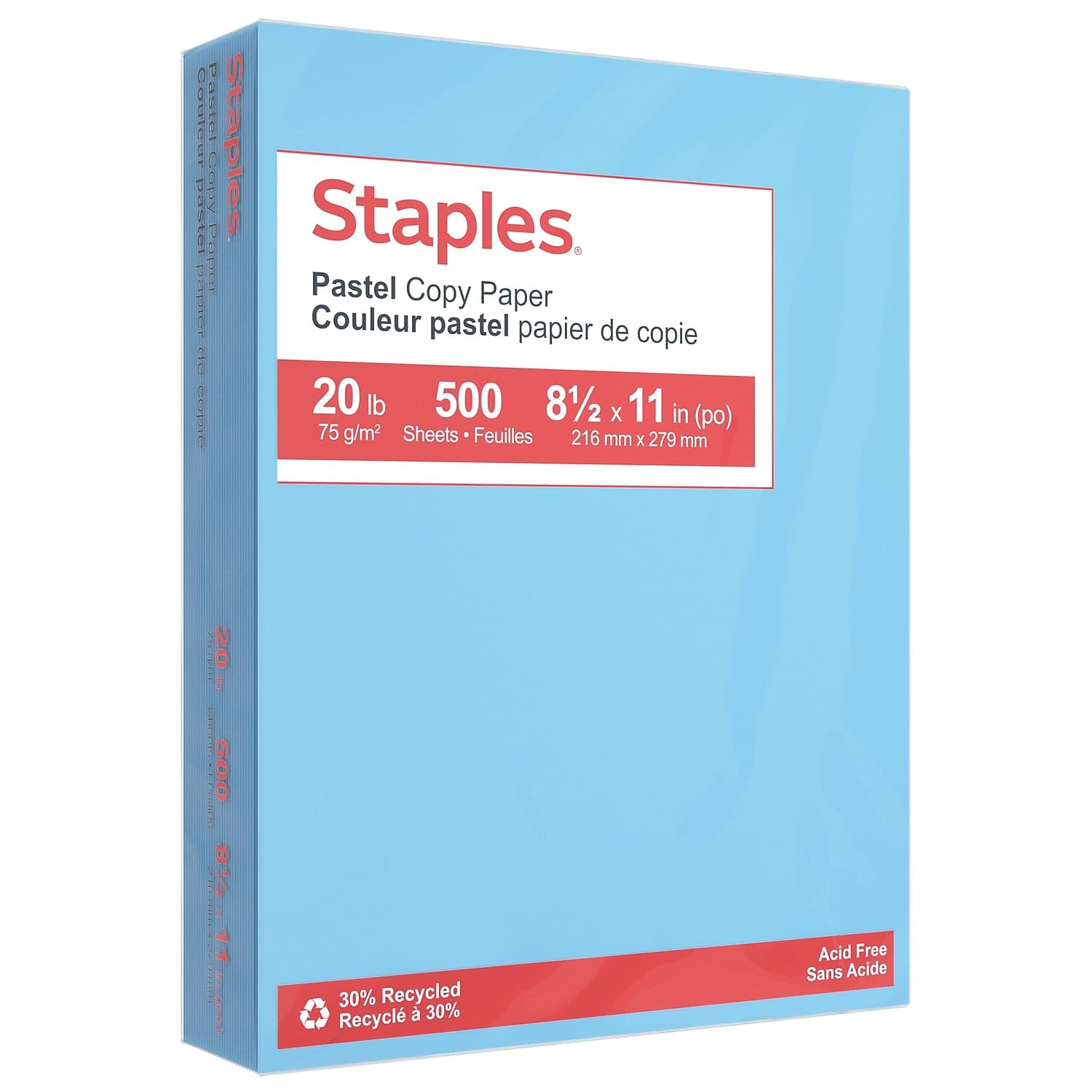 Staples Pastel 30% Recycled Color Copy Paper, 20 lbs., 8.5-inch x 11-inch, Blue, 500/Ream (14786)