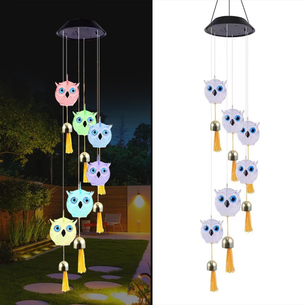 YZYOE Cute Solar Owl Wind Chime Decorative Light，Animal Wind Chimes with Bells， A Gift for Friends with Movable LED Colorful Outdoor Decorative Lights.