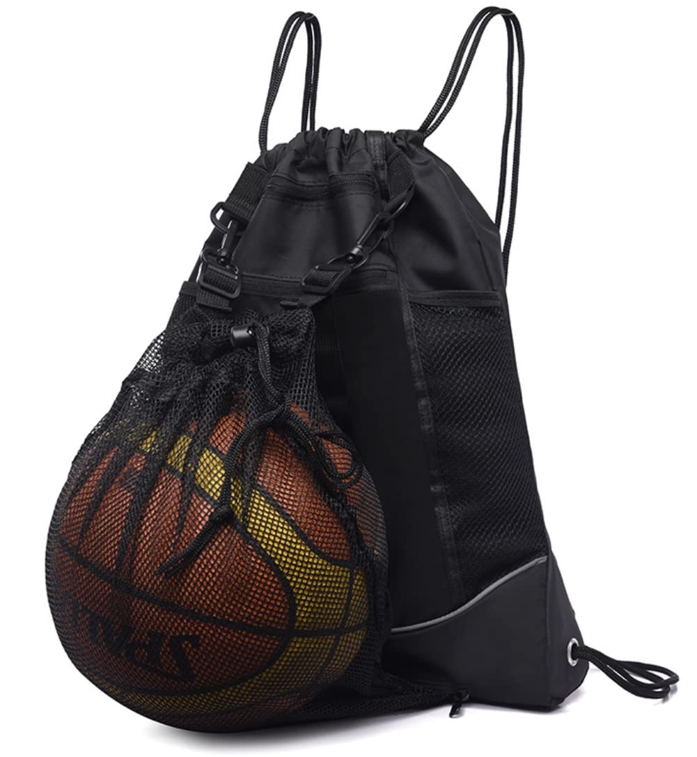 Showay Black Drawstring pocket backpack men's and women's outdoor travel sports basketball football swimming cycling bag, 41 X 7 47cm