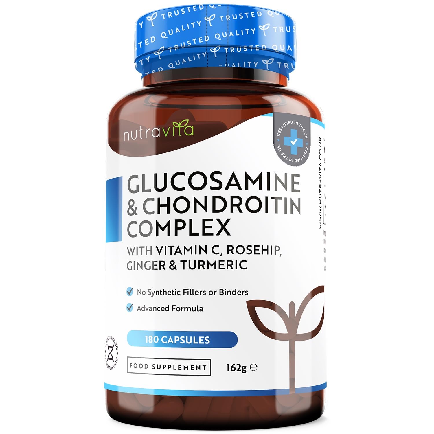 Glucosamine and Chondroitin Complex – 180 High Strength Capsules – Contributes to The Maintenance of Normal Immune System – with Vitamin C, Turmeric, Ginger and Rosehip – Made in The UK by Nutravita